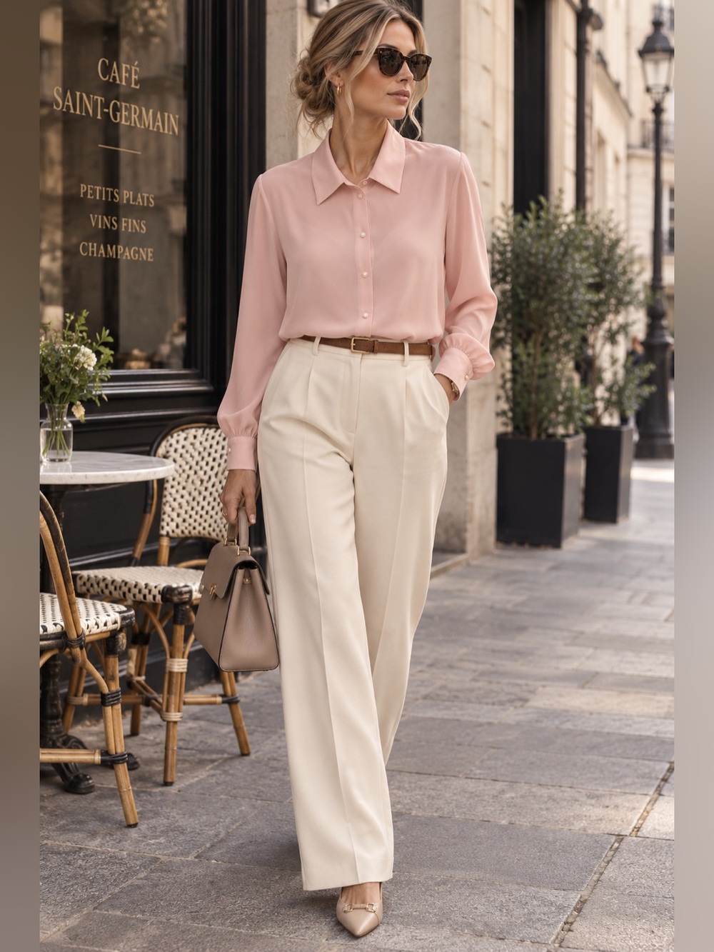 Classic Blush Pink Button-Down Blouse with Point Collar